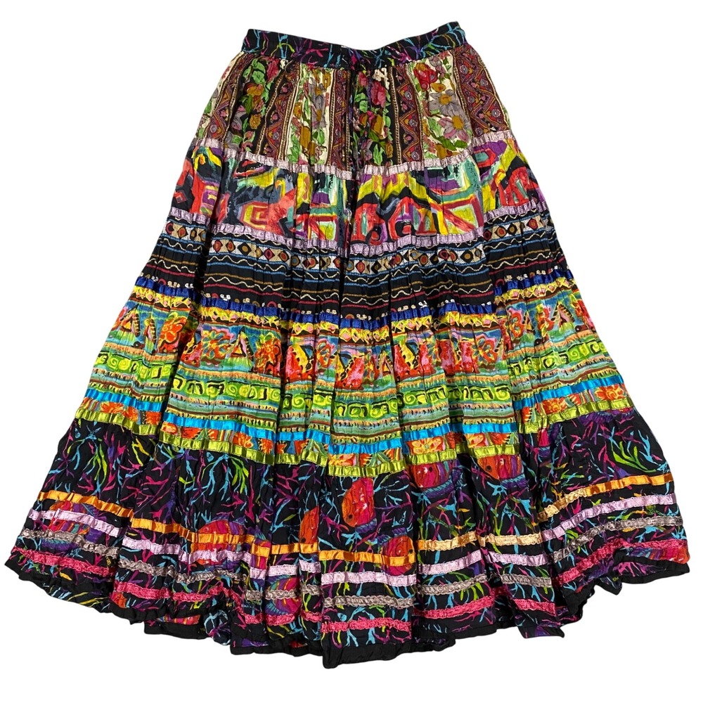 TravelSmith Mixed Print Tiered Broomstick Maxi Skirt Womens Small Multicolor